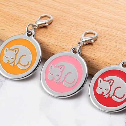Personalized Pet ID Tags for Kittens and Cats - Custom cat Name tag and ID tag for Collar (Purple, Sleeping Cat Round-Small)