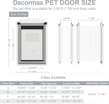 Dog Door for Wall, Steel Dog Door with Telescoping Tunnel, Weatherproof Pet Door with Two Sliding Lock Panels and Magnetic Flaps, Easy to Install, White, X-Large