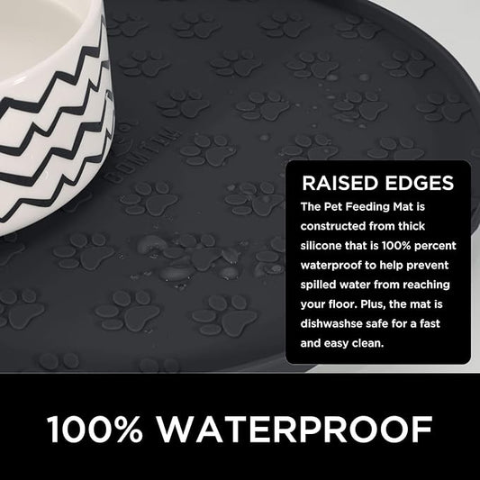 Comtim Waterproof Dog Food Mat - 2 Pack Silicone Pet Food Mat Dog Food Bowl Mats Cat Water Mats Eating Tray, Non-Slip Pet Placemat with Lip for Messy Drinkers to Protect Floor, Black 11"×11"