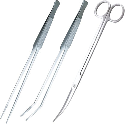 3-Piece Aquascaping Tools Set – 25cm / 9.8in Straight & Curved Long Tweezers, Scissors, Fine Tip 1mm – Aquarium Plant Care, Terrarium Tools