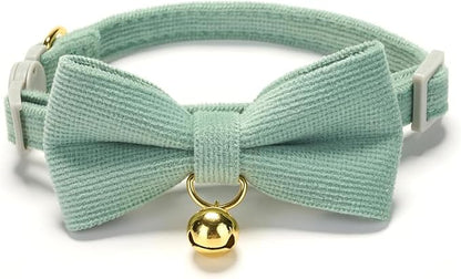 Soft Corduroy Cat Collar, Plaid Pattern, with Bell and Bowtie, Quick Release,Safety Breakaway Clasp, Adjustable for Kitten and Cats.(White+Green)