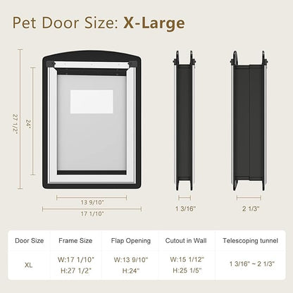 MAVRICFLEX Extra Large Dog Door for Door - All-Stainless Steel Frame, Weather-Resistant Double Soft Flaps, 2 Sliding ABS Panels for Door Use, Fits Giant Dogs Up to 220 LBS, Easy Install, Black