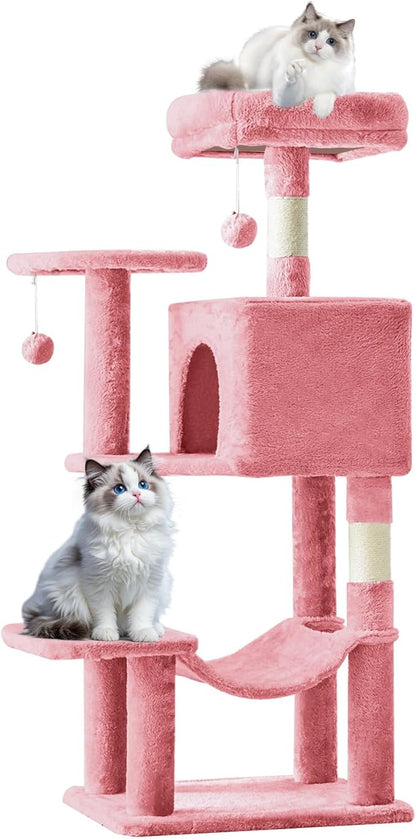 Sweetcrispy 44 Inch Cat Tree Tower, Cat Climbing Tower with Natural Sisal Scratching Posts, Hammock, Pet Condo for Indoor Cats and Kittens Play, Pink