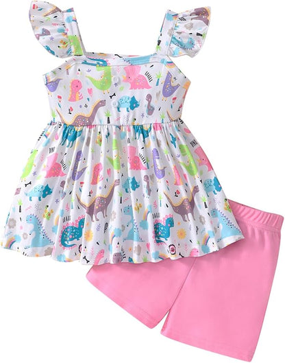 Toddler Baby Girls Summer Clothes Outfits Ruffled Sleeve Dinosaur Shirt Leopard Tops and Shorts Pants Sets 2PCS