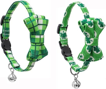 2-Pack Breakaway Cat Collars with Removable Double-Layer Bow Tie and Bell for Boy and Girl Cats,Safety Kitten Collars Suitable for Festivals and Daily. (St. Patrick's Day1)