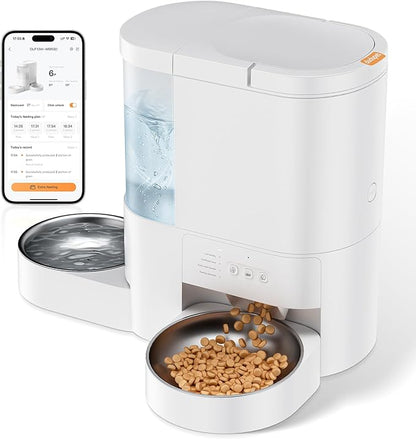 Automatic Cat Feeder and Water, 5G WiFi App Control Cat Food Dispenser, 4L Timed Pet Feeder and 3L Gravity Waterer, Voice Recording, Up to 10 Meal Daily with Dual Stainless Steel Bowl for Kitten,Puppy