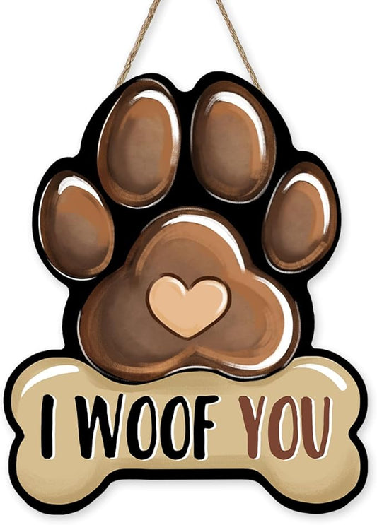 Dog Paw Prints Front Door Sign, I Woof You Bone Wood Hanger Outdoor Outside Porch Home Decor, Wooden Wreath Indoor Wall Hanging Decoration Pet Owner Lover Gift