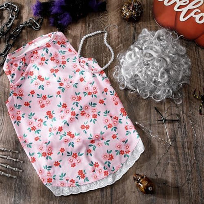 4Pcs Halloween Old Lady Costume Dog Grandma Outfit, Pink Ditsy Floral, 3 XL - Image 4