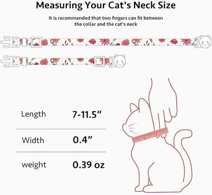 2 Pack Cotton Breakaway Cat Collar Green and Red Flowers Pendant Cute Kitten Cat Collar with Bell