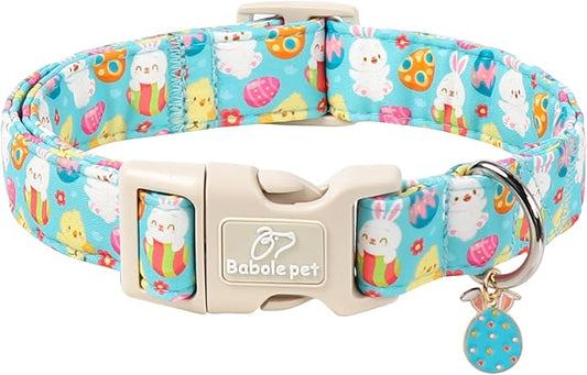 Easter Dog Collar for Large Dogs - Cute Easter Egg Hunt Dog Collars for Boy Girl Dogs, Playful Bunny & Chick Print, Lightweight Adjustable Spring Holiday Dog Collar L