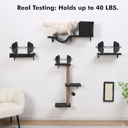 5-in-1 Cat Wall Shelves, Multi-Level Cat Climbing Furniture, Perch & Lounge for Indoor Cats, Space-Saving Wall Mounted Cat Shelves for Play & Rest (Natural Wood) - Gray