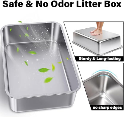 Stainless Steel Litter Box, Metal Litter Box, Cat Litter Box for Kitten, Kitty, Rabbit, 6" High Side Cats Litter Boxes, Cat LitterBox, No Smell, Non Stick, Easy to Clean