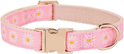 Woven Dog Collar with Metal Buckle Adjustable Jacquard Retro Dog Collars for Small Medium Large Dogs(Pink Daisy,M)