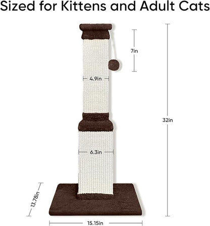AGYM 32 Tall Cat Scratching Post for Large Cats, Cat Scratcher for Indoor Cats Adults, Sturdy Sisal Scratch Post to Protect Furniture, Brown