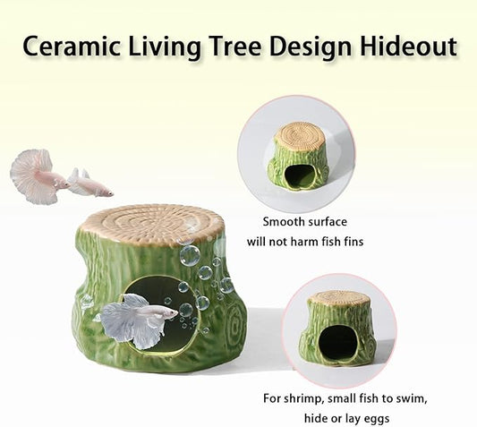 Aquarium Decor Cave Betta Fish Aquarium Accessories Ornaments Hiding Cave Wooden Stake Shape Hideout for Shrimp Cichlid Hermit Crab, Octopus Hiding Breeding for Tank (Green)