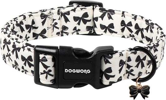 DOGWONG Cute Dog Collar, Black Bow Pattern Dog Collar, Girl Female Dog Collars with Strong Plastic Buckle for Small Medium Dogs,M