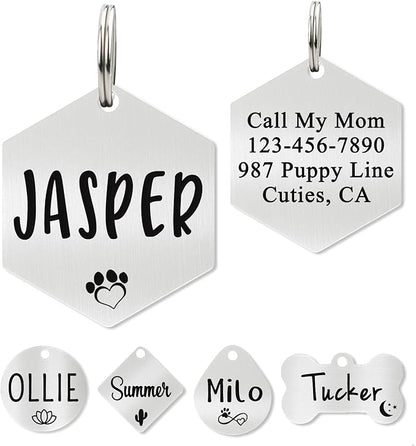 Ultra Joys Custom Personalized Hexagon Dog ID Tag - Brushed Stainless Steel Silver Large