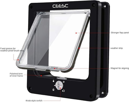 CEESC Medium Cat Door for Interior/Exterior Door, Weatherproof, Black, Rotary 4 Way Locking Pet Door for Cats & Dogs with Circumference < 15.75", Upgraded Version