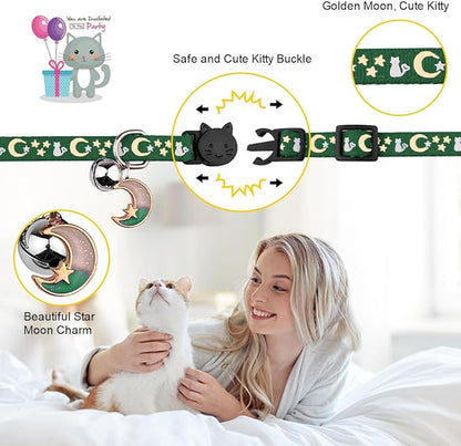 Baeuppit 2PCS Breakaway Cat Collars with Bell Cute Kitty Glow in The Dark Adjustable Kitten Collars(Deep Green&Black)
