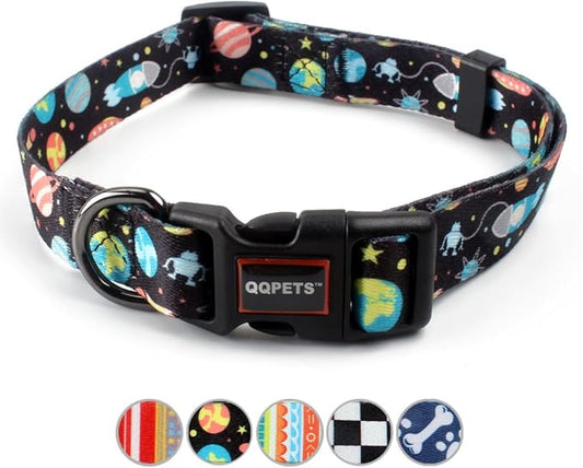 QQPETS Adjustable Soft Dog Collar: Print Flower Pink Multicolor Cute Patterns for XS Small Medium Large Pet Girl Boy Puppy Walking Running Training (S, Space)