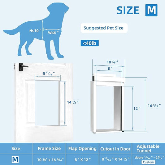 Automatic Dog Door with Doorbell Activation, 2-Flap Electronic Smart Pet Door with Anti-Pinch, No Collar Needed, Aluminum Lockable Weatherproof Telescoping Tunnel for Pets Up to 40 LB- M