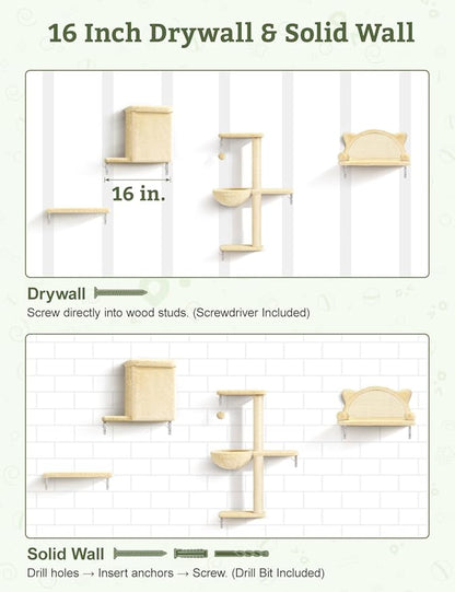 5-in-1 Cat Wall Shelves, Solid Wood & Velvet & Sisal Scratcher, 44lbs Max Load, Wall Mounted Cat Furniture for Climbers, Cat Climbing Wall System, Fits Drywall & Solid Walls - Beige