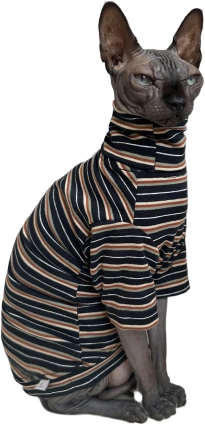 Vintage Stripes Sphynx Hairless Cats Shirt Cotton Cat Turtleneck Pet Clothes Kitten T-Shirts with Sleeves for Sphynx Cats (Vintage Black, Large)