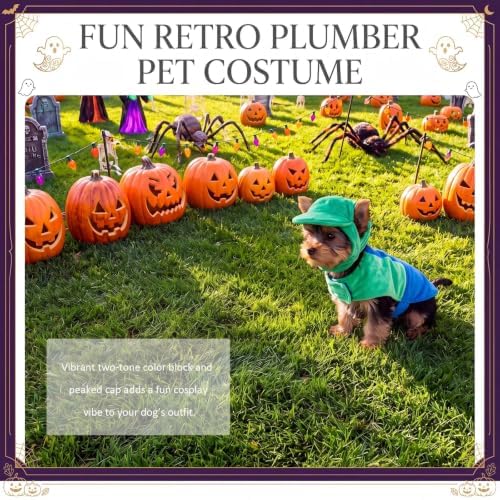 Newcotte Dog Halloween Costume Set Funny Green Overalls Outfit with Hat Retro Buddy Themed Dog Clothes for Cosplay Party(Small) - Image 4