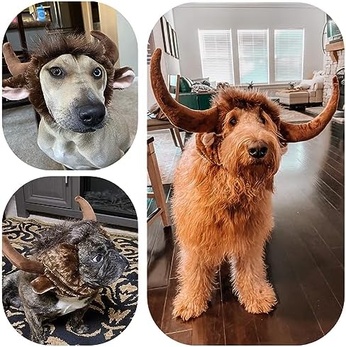 Halloween Dog Horn Wig Soft Bull Dog Costumes Winter Warm Hat Dog Wig Clothes Pet Funny Ox Hat Dog Cat Horn Headgear Accessories Cosplay Bull Mane for Medium to Large Dogs Outfit (Medium) - Image 2