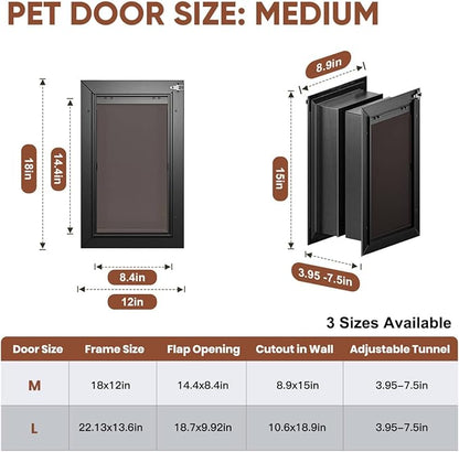 3-Flap Dog Door, All Aluminum Alloy Large Doggy Door Doggie door for Wall, Heavy Duty Pet Door Easy to Install, Energy Efficient, Telescoping Tunnel for Interior & Exterior Wall, Pet Up to 110Lb-Black