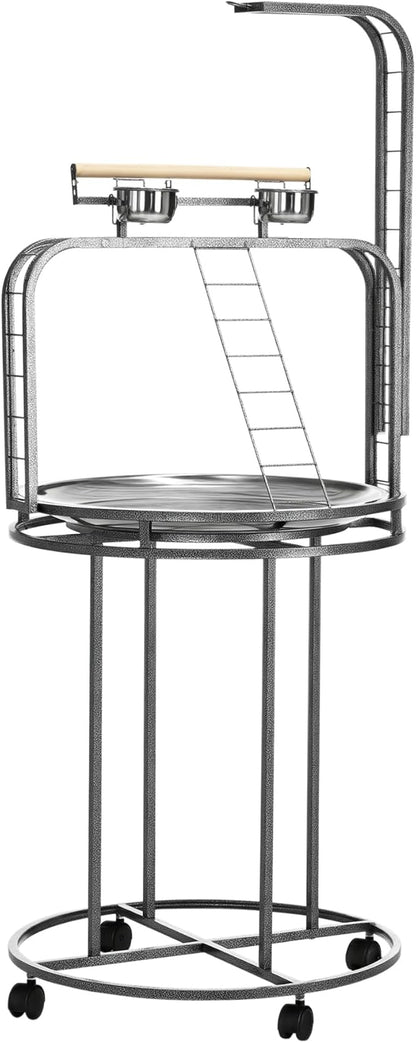 PawHut Parrot Stand Large Bird Perch Stand with Toy Hook & 3 Ladders, Parrot Perch with Easy Grip, Bird Wooden Stand, Gray