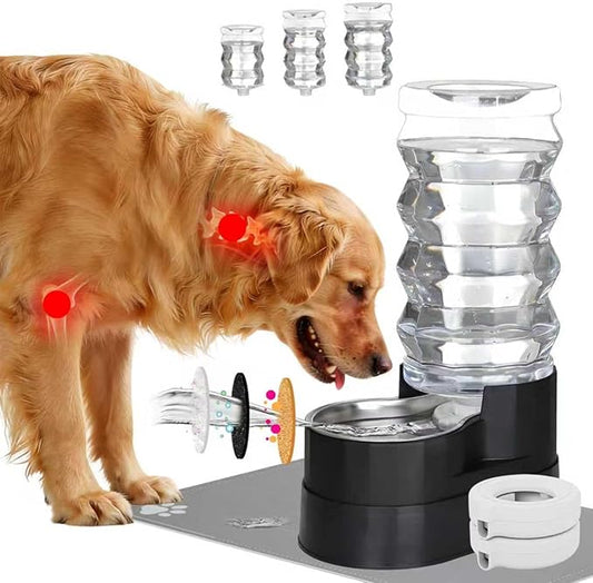 RIZZARI Automatic Dog Water Dispenser: Spill-Resistant 9L Black Gravity Feeder - Includes 2 Extra Filters & 2 Bottle Caps - Raised Design Supports Elderly Dogs’ Spine Health - for Garage Garden Use