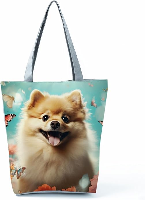 Cute Dog with Butterfly and Floral Design Tote Bag with Zipper Closure Outdoor Great for Carrying Pet Supplies Handbag Nice Birthday Holiday Gift Idea for Dog Owner Animal Lovers Shoulder Bag