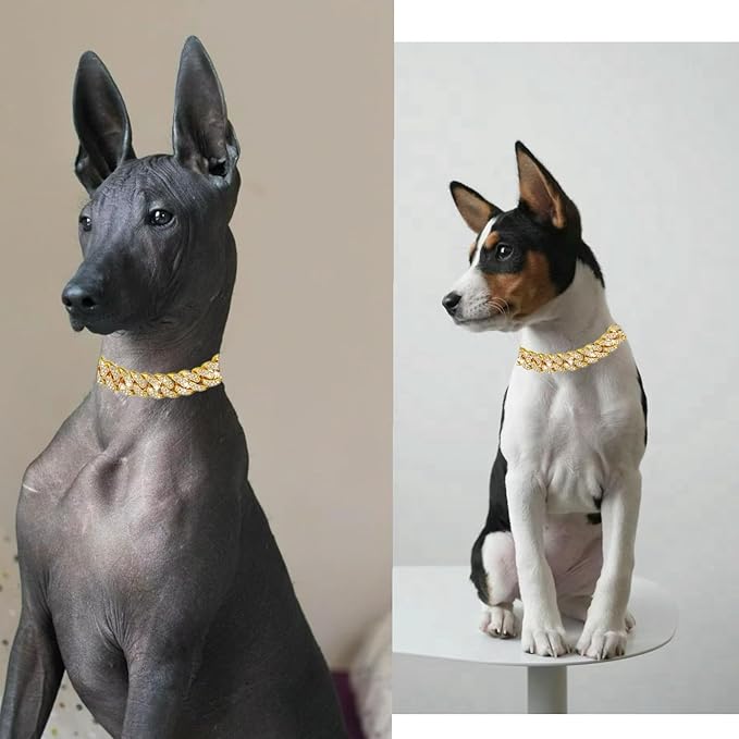Dog Chain Designer Gold Crystal Pet Collar Cuban Link Chain with Secure Buckle Luxury Adjustable Necklacefor Small Medium Large Dogs Cats(Glod 18inch)