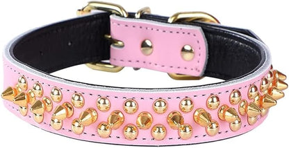 Spiked Studded Dog Collar, Genuine Leather Dog Collar, Adjustable Pet Collars for Medium Large Bulldog Pitbull Mastiff Poodle Boxer (M:29-38cm, Pink)