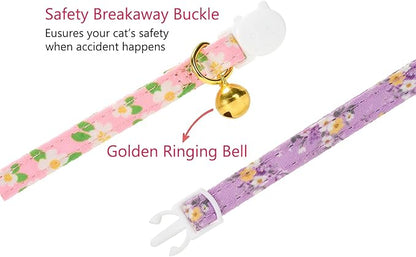 2 Pack Floral Cat Collars with Bow Tie and Bell Adjustable Breakaway Bowtie Cute Kitten Collar(Purple & Pink Flowers)