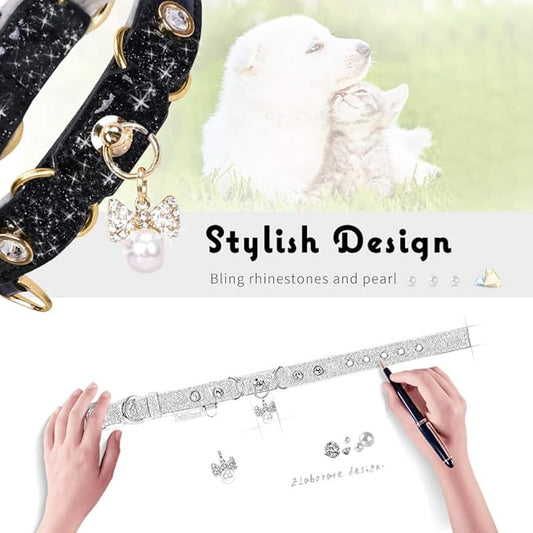 PetsHome Cat Collar, Dog Collar, [Bling Rhinestones] PU Leather Adjustable Pet Collar with Luxury Pendant for Cat and Small Dog Extra Small Black