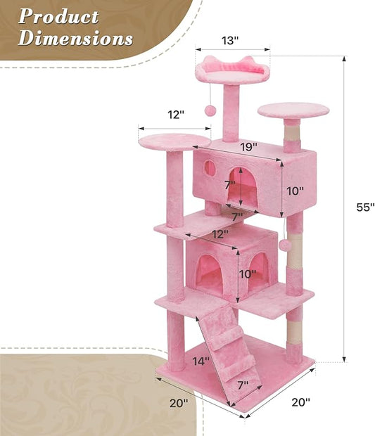 Athena Collection 54 Inch Cat Tree for Indoor Cats, Multi-Level Tower With 2 Condos, Scratching Post & Dangling Ball, Tall Climbing Center, Pink