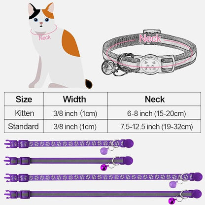 Taglory Reflective Cat Collar Breakaway with Bells, 2 Pack Girl Boy Pet Cat Collar Adjustable 7.5-12.5 Inch, Purple