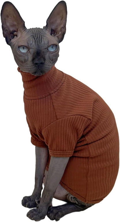 Kitipcoo Sphynx Hairless Cats Shirt Cotton Cat Turtleneck Sweater Pullover Kitten T-Shirts with Sleeves Cat Pajamas Jumpsuit for Sphynx Cornish Rex, Devon Rex, Peterbald (Coffee, Small)