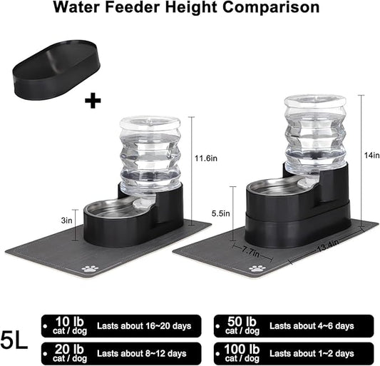 RIZZARI Automatic Cat Water Dispenser: Large 5L Black with Stainless Steel Bowl - Spill-Proof Design - Extra-Wide Elevated Feeder - Eases Drinking for Senior Dogs with Joint/Spine Issues - Home Use