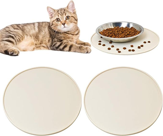 BNOSDM Silicone Cat Feeding Mat 2 Pack Dog Bowl Mats Pet Silicone Food Mat for Food and Water Nonslip Waterproof Feed Mats Round Eating Plate for Small and Medium Cats and Dogs (Beige)
