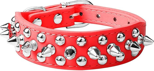 Spiked Dog Collar Soft Pu Leather Mushrooms Rivet Spike Studded Puppy Adjustable Pet Collars for Small Breeds (M, Red)