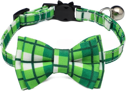 2-Pack Breakaway Cat Collars with Removable Double-Layer Bow Tie and Bell for Boy and Girl Cats,Safety Kitten Collars Suitable for Festivals and Daily. (St. Patrick's Day1)