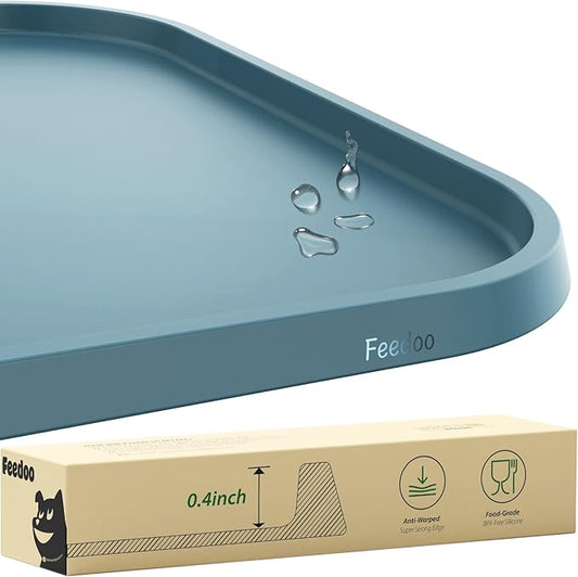 Pet Feeding Mat [Warped Resistant Raised Edge], Water-Proof Silicone Placement for Food Water Bowls, Anti-Slip Base Protect Floor, BPA-Free&Dishwasher-Safe [18.5x11.5inch Small, Blue]
