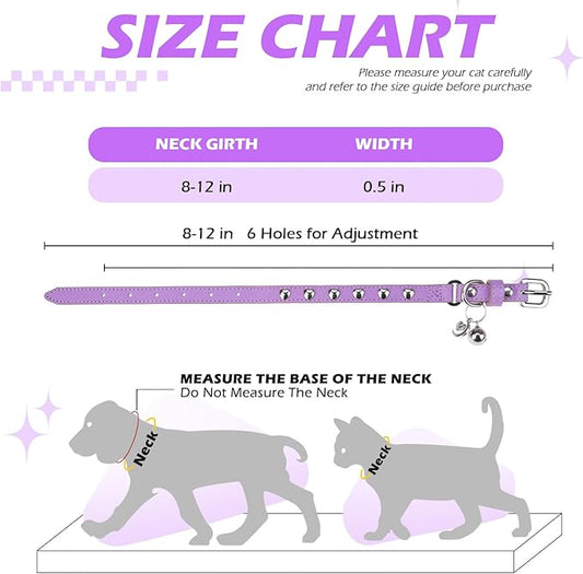 EXPAWLORER Leather Cat Collar for Girl Boy- Adjustable Pet Collar with Safety Elastic Belt,Personalized Heart Accessories Buckle Collars with Bell & Durable D-Ring,Heart (Purple)