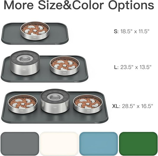 Pet Feeding Mat [Warped Resistant Raised Edge], Water-Proof Silicone Placement for Food Water Bowls, Anti-Slip Base Protect Floor, BPA-Free&Dishwasher-Safe [28.5x16.5inch XL, Gray]