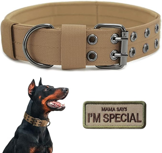 Tactical Dog Collar Military Adjustable Dog Collars Soft Nylon Training Collar with Patch Heavy Duty Metal Buckle Collars for Medium Large Dogs (Brown, L)