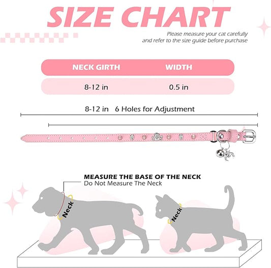 EXPAWLORER Cat Collar for Girl Boy Cats- Adjustable Leather Pet Collar with Safety Elastic Belt,Personalized Punk Accessories Buckle Collars with Bell & Durable D-Ring,Skull & Rivet（Pink）