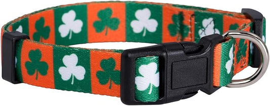 Native Pup St Patricks Dog Collar- Saint Patrick Green Shamrock Pet Collars- St. Patrick’s Lucky Irish- Adjustable for Small, Medium, Large Breeds (Green & Orange Shamrock, Small)
